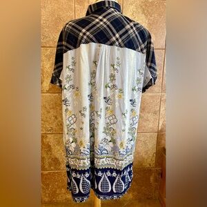 Oddy Blue & White Plaid Button Front Top w/Floral Print Back 3XL
